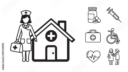 Home Healthcare And Medical Services Concept Featuring Nurse, House And Health Icons Representing Remote Care And Patient Support Vector Illustration
