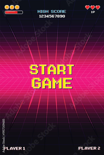 START GAME. Retro Futurism Sci-Fi Background. glowing neon grid and star from vintage arcade computer games