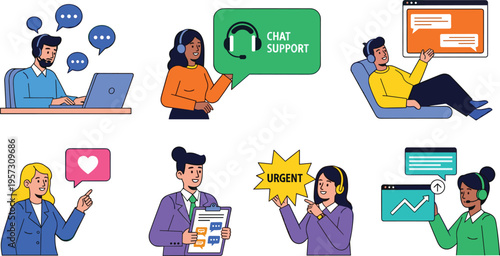Customer Support and Online Chat Assistance Icon Set with Help Desk Agents, Virtual Call Center Professionals, Headsets, Messaging Bubbles, and Technical Support Illustrations