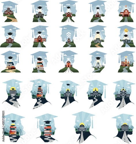 Conceptual flat vector illustration set of graduation silhouettes containing university buildings and books for higher education
