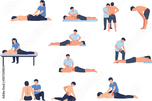 Flat vector illustration set of physical therapy sessions featuring massage therapist treating patients with back pain and muscle injuries