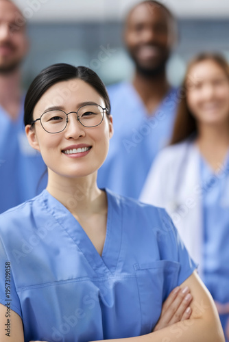 Confident Asian healthcare professional with diverse team in medical setting