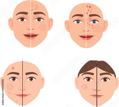 vector illustration set of facial skin conditions comparison showing acne redness and irritation versus healthy clear smooth skin for dermatology