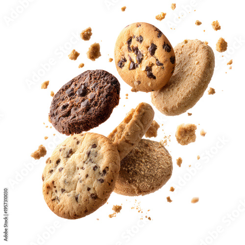A collection of cookies floating in the air on transparent background