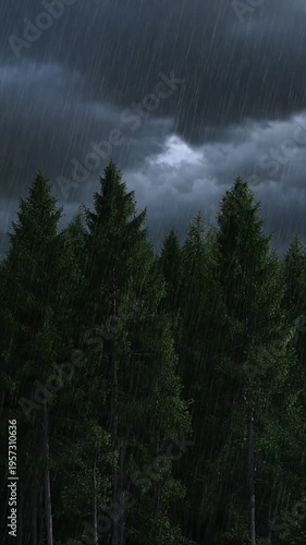 Wallpaper Mural A dense forest of tall trees under a dark, stormy sky with heavy rainfall Torontodigital.ca