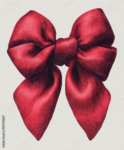 A vintage style red silk bow with a textured engraved appearance on a light background Keywords: bow, ribbon, gift, present, decoration, red