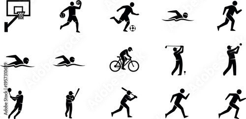 Collection of 12 black silhouette icons depicting various sports and physical activities in action
