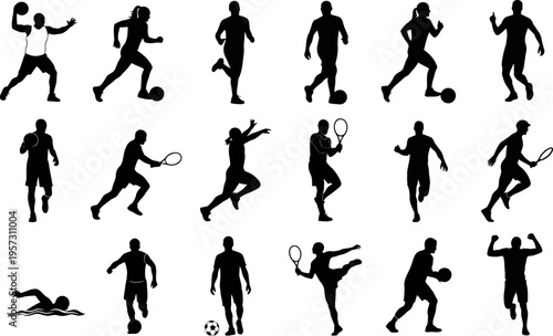 Collection of silhouette illustrations of people engaging in various sports activities
