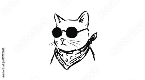Stylish Feline Rebel A Hand-Drawn Illustration of a Cool Cat Wearing Trendy Sunglasses and a Bandana, Capturing an Edgy and Unique Personality