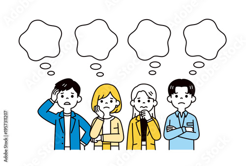 モヤモヤした吹き出しと、悩む・困るポーズの若いビジネスパーソンの上半身ベクターイラスト素材