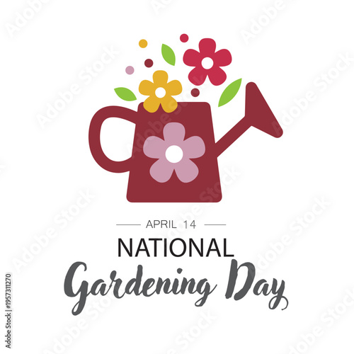 National Gardening Day, April 14 - vector. Garden watering can, shovel and flowerpot with plant vector. 