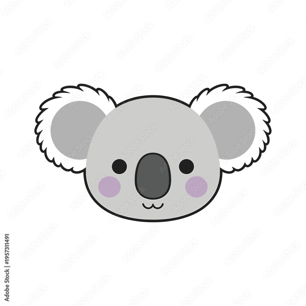 Obraz premium Cute Koala Head Face Cartoon Illustration Isolated on White Background, Adorable Australian Animal Mascot with Soft Features and Friendly Expression Vector Graphic