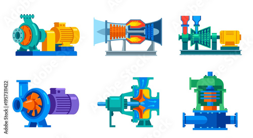 Illustrative set of various industrial pumps and turbines in colorful design