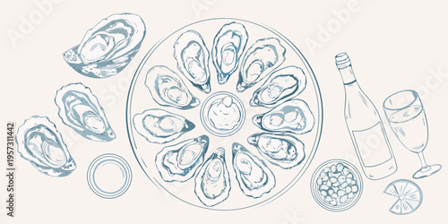 A sketched arrangement of fresh oysters on ice with wine and lemon