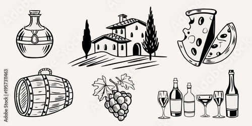 Italian themed sketch featuring wine cheese and a traditional house