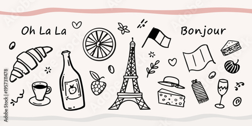 Charming hand drawn doodles celebrating french culture and iconic parisian symbols