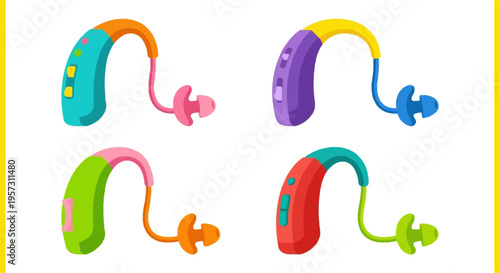Colorful hearing aids in various styles are displayed on a white background