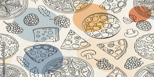 A colorful sketched pattern of various foods including fruit cheese and pizza