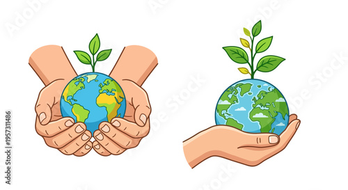 Hands cradling earth globes with growing plants symbolize environmental care