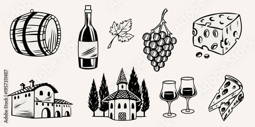 A collection of hand drawn sketches wine cheese buildings and foliage