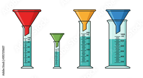 Colorful funnels pouring liquid into graduated cylinders of varying sizes