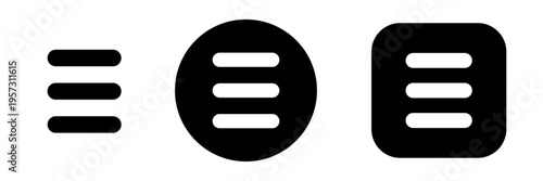 Menu button icon set. Hamburger menu button symbols in circle and square for navigation UI, app interface, dashboard controls and web design