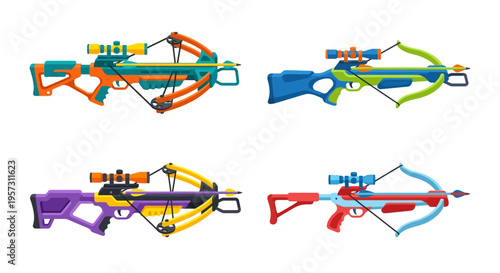 Colorful collection of cartoon crossbows displayed in various angles