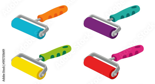 Colorful lint rollers displayed in a symmetrical isometric arrangement
