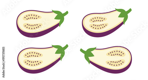 Four halved eggplants displayed in a simple repeating pattern