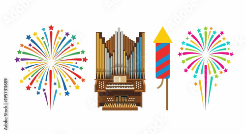 Colorful illustration featuring a pipe organ fireworks and festive elements