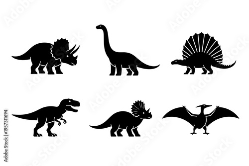 Six Dinosaur Silhouette Icons Isolated on White Background, Various Prehistoric Reptiles Including T-Rex, Triceratops and Brachiosaurus for Paleontology Design