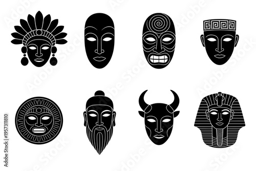 Black Silhouette Icons of Global Cultural Masks: Aztec, Egyptian, Greek, Oriental, Tribal, Isolated on White Background, Traditional Art, Cultural Symbols, Ethnic, Heritage Vector Set