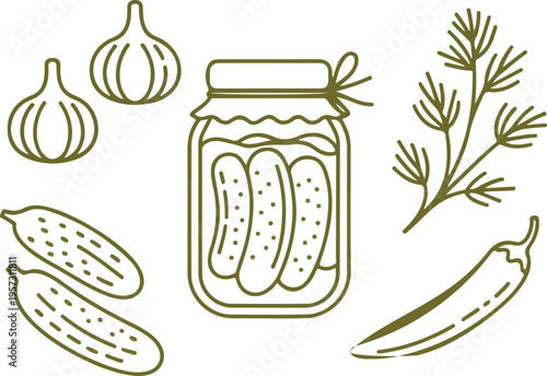 Pickled Cucumber Outline Sketch Icon Set Preserved Vegetable Jar And Sliced Pickles Thin Line Vector Illustration For Food Design