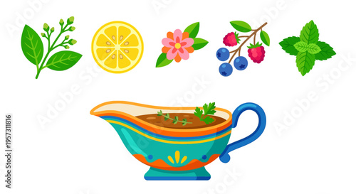Colorful illustration depicting various fruits herbs and a gravy boat