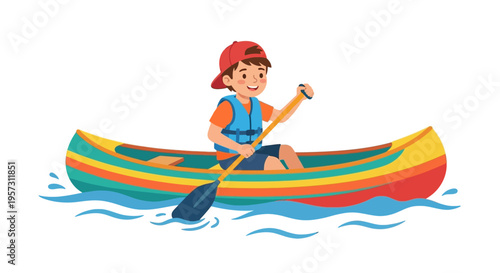 Young boy cheerfully paddling a colorful canoe on the water