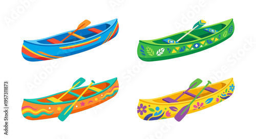 Colorful cartoon illustration of four uniquely patterned canoes with paddles