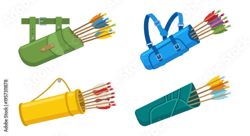 Cartoon illustration of various archery quivers and colorful arrows