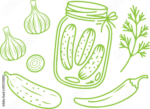 Pickled Cucumber Outline Sketch Icon Set Preserved Vegetable Jar And Sliced Pickles Thin Line Vector Illustration For Food Design