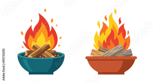 Two colorful illustrations depicting a burning campfire in containers