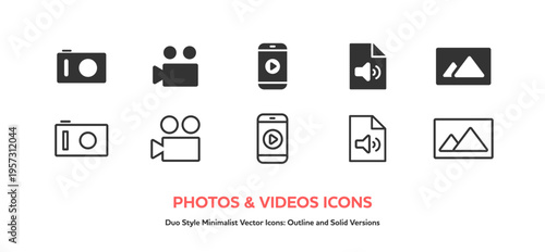 カメラと動画のアイコンセット。シルエットと線画のベクターアイコン