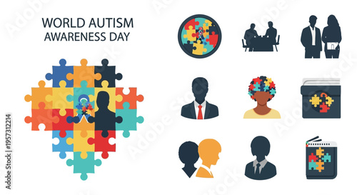 World autism awareness day illustration with puzzle pieces and people
