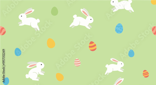 Pattern of white Easter bunnies colorful eggs and spring flowers vector illustration
