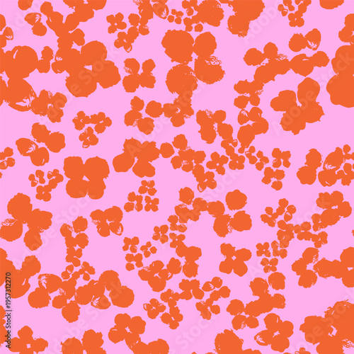 A seamless vector pattern with tiny hand-painted floral blooms in vibrant orange on soft pink background