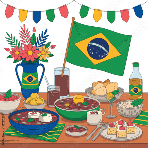Brazilian Feast with Flag and Food