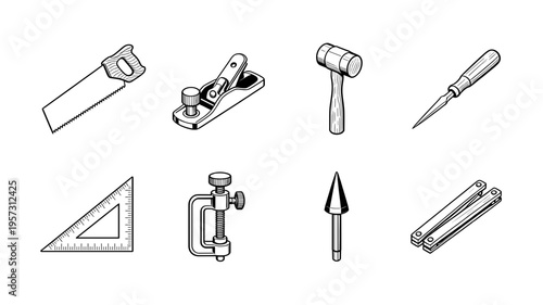 Carpentry and Woodworking Tools Line Art Icons Set Isolated on White Background, Saw, Plane, Mallet, Awl, Ruler, Clamp, and Chisel for DIY, Construction, and Woodwork Projects