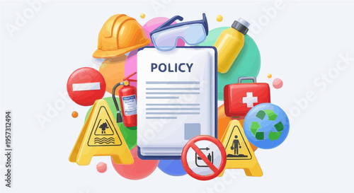 Insurance policy document surrounded by safety medical and protection icons vector illustration