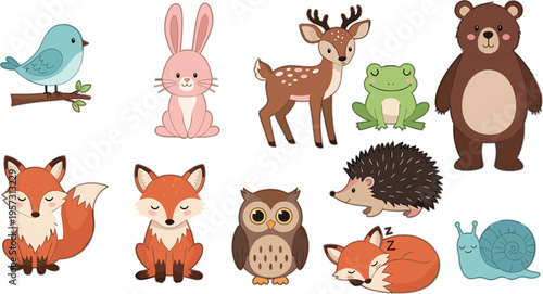 Cute forest animals set with fox deer bear owl rabbit frog hedgehog and bird cartoon characters vector illustration