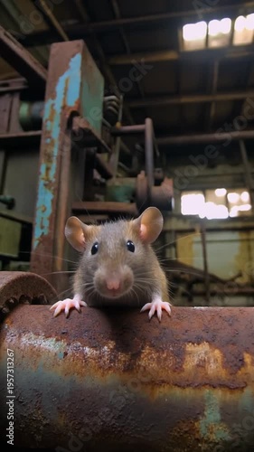 Wallpaper Mural Curious grey mouse on a rusty pipe in an abandoned industrial warehouse with machinery in background Torontodigital.ca