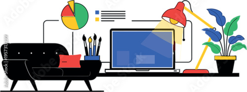 Modern workspace with laptop desk lamp plants sofa and analytics chart home office interior flat vector illustration