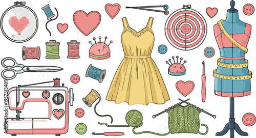 Sewing and fashion design set with dress mannequin sewing machine threads needles and tailoring tools vector illustration